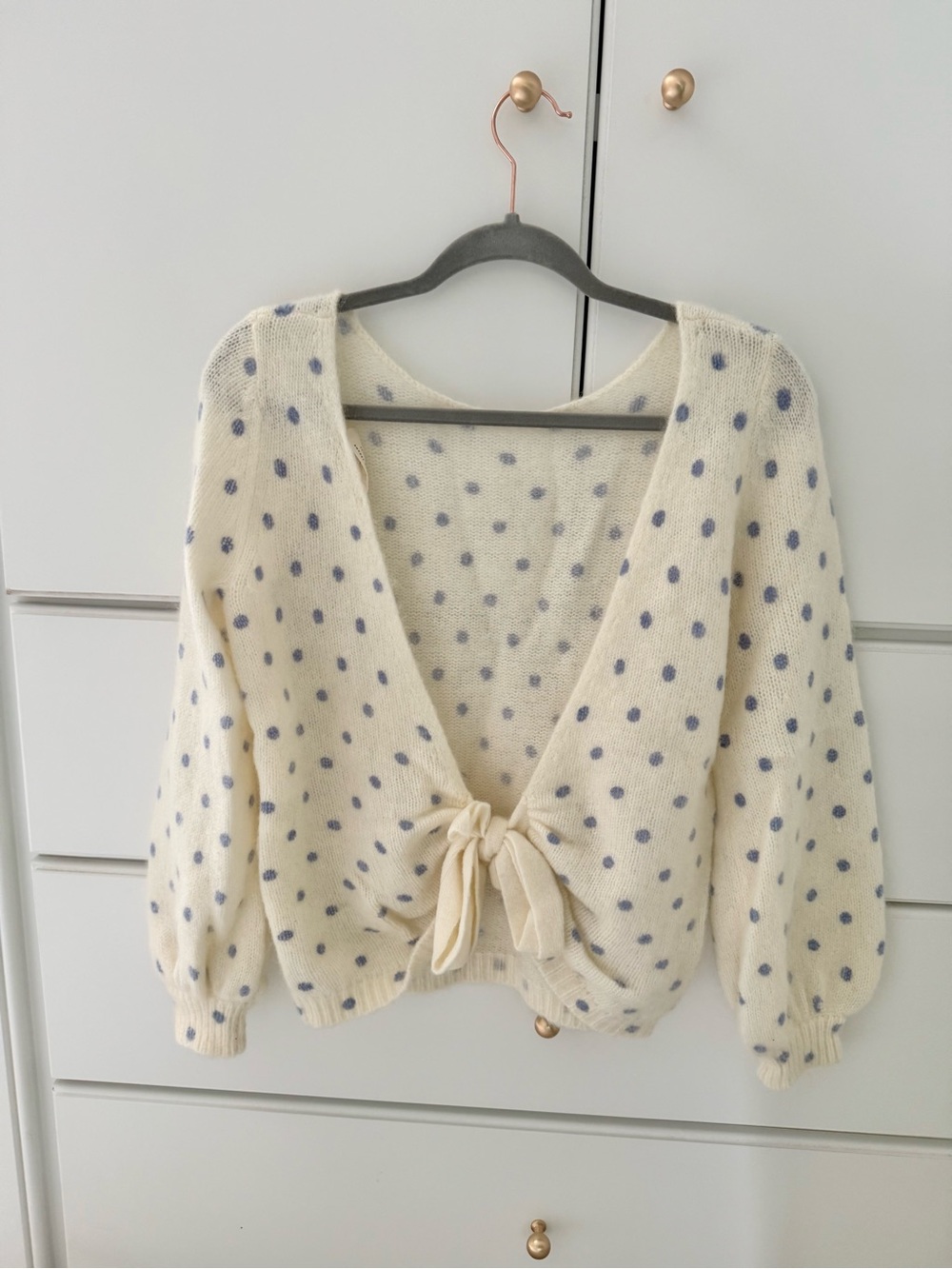 Sezane Cream V-Neck Tie-Front Sweater with Blue Polka Dots